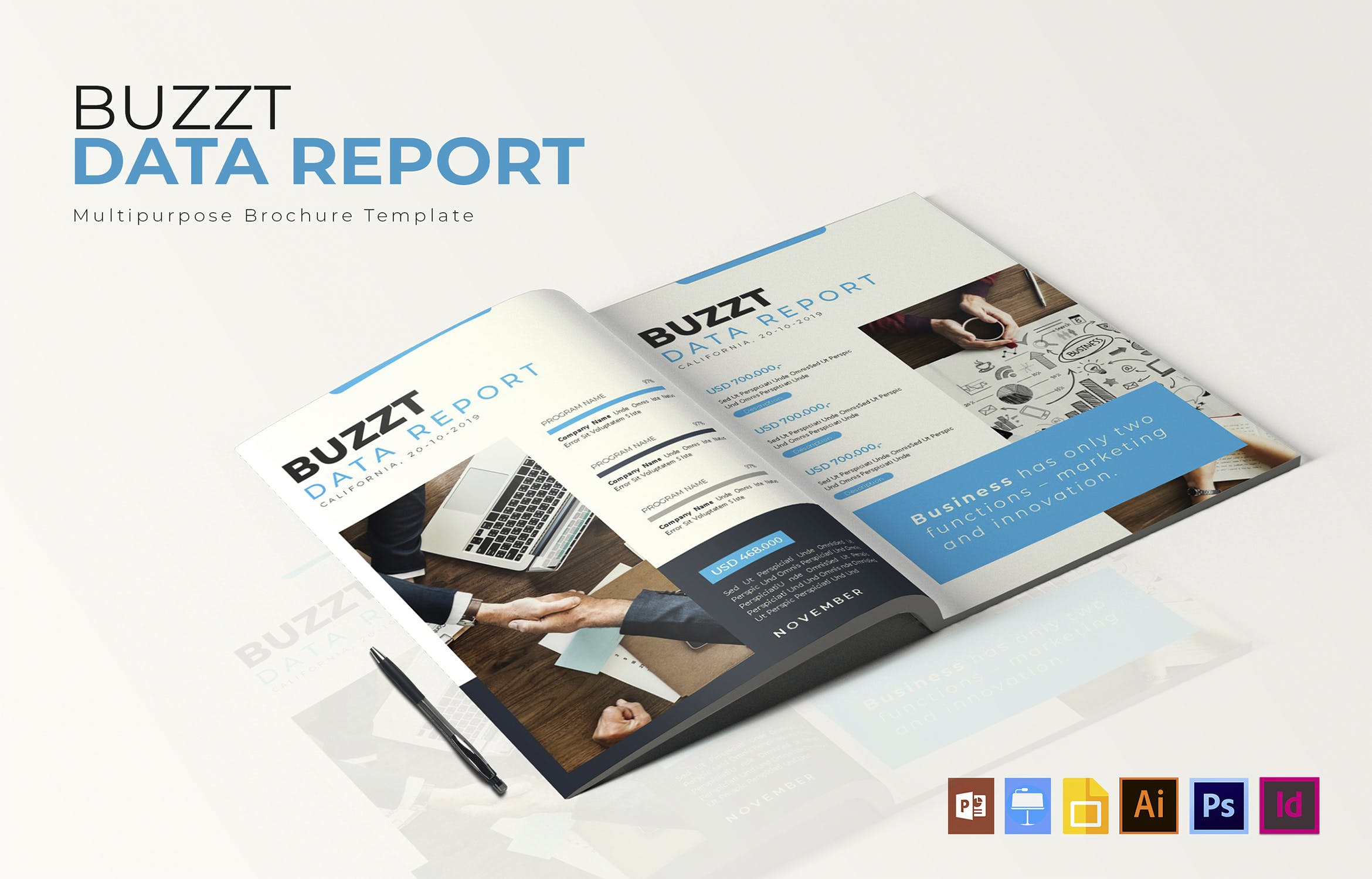 蓝色主题风格数据统计分析报告设计模板 Buzzt Data Report | Brochure Template插图(1)