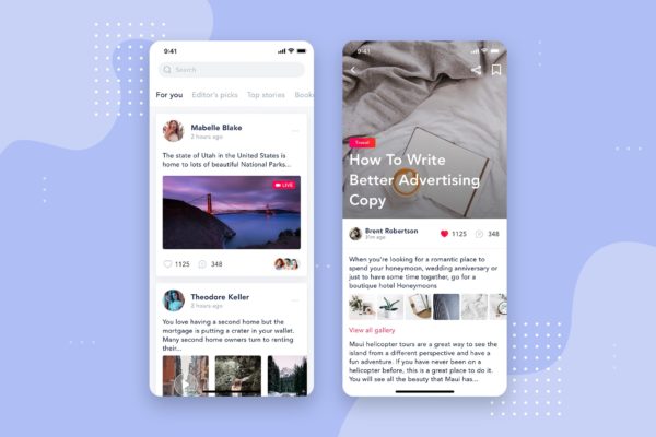 社交APP应用文章列表&amp;详情界面设计模板v3 Social – Articles Mobile Interface Concept