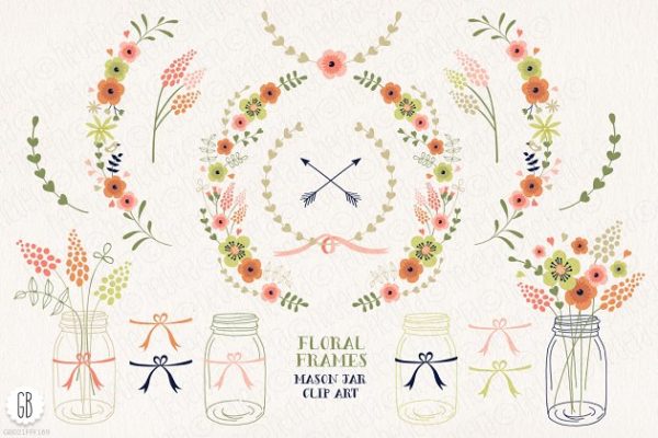 花框、插花&amp;花水彩插画元素 Floral frames, mason jars, flowers