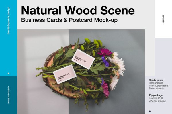 鲜花背景名片和明信片设计效果样机模板 Natural Scene – Business cards &amp; postcard mockup