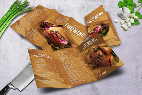 经典多用途三折页汉堡店菜单PSD模板 Multipurpose Food Menu – A4 &amp; US Letter – Trifold