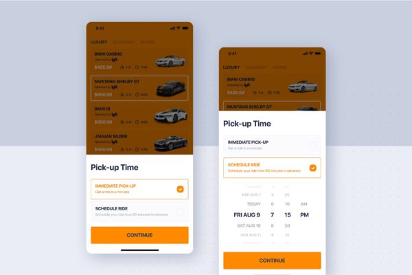 类滴滴打车APP应用预约时间设置界面设计模板 Car rental mobile UI Kit – Schedule time