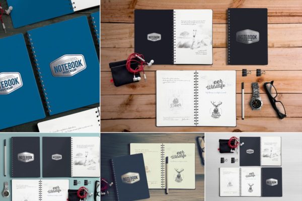 高端品牌精装活页记事本样机 5 Notebook Mockups With Movable Elements