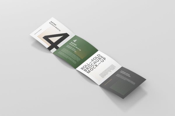 方形四折页折叠小册子传单样机 Roll-Fold Brochure Mockup – Square Format