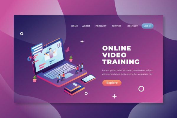 在线视频培训主题插画网站着陆页设计PSD&amp;AI模板 Online Video Training – PSD and AI Landing Page