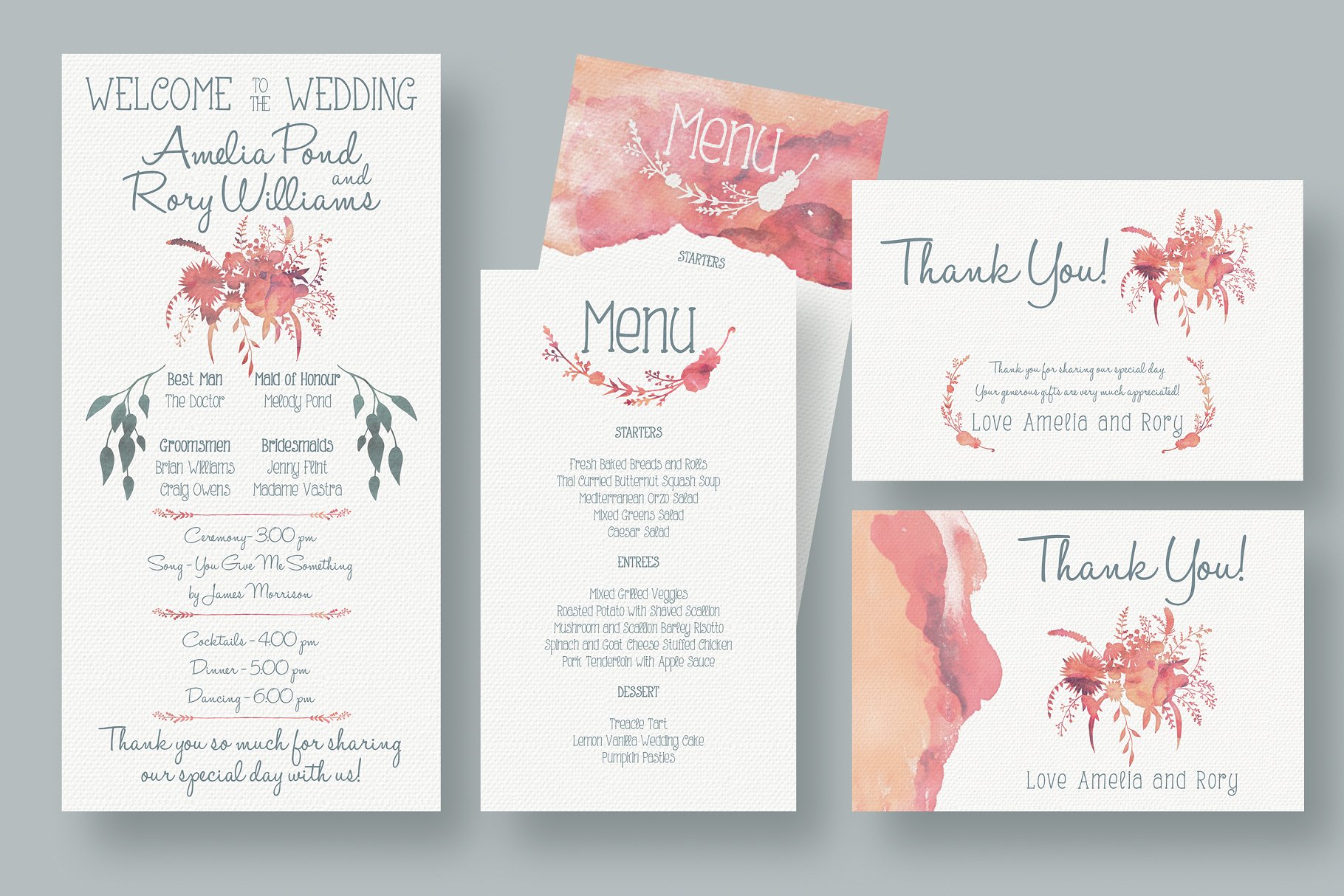 朱砂红水彩花卉压纹纸张婚礼邀请函设计模板 Watercolour Wedding Suite 2.0插图(2)