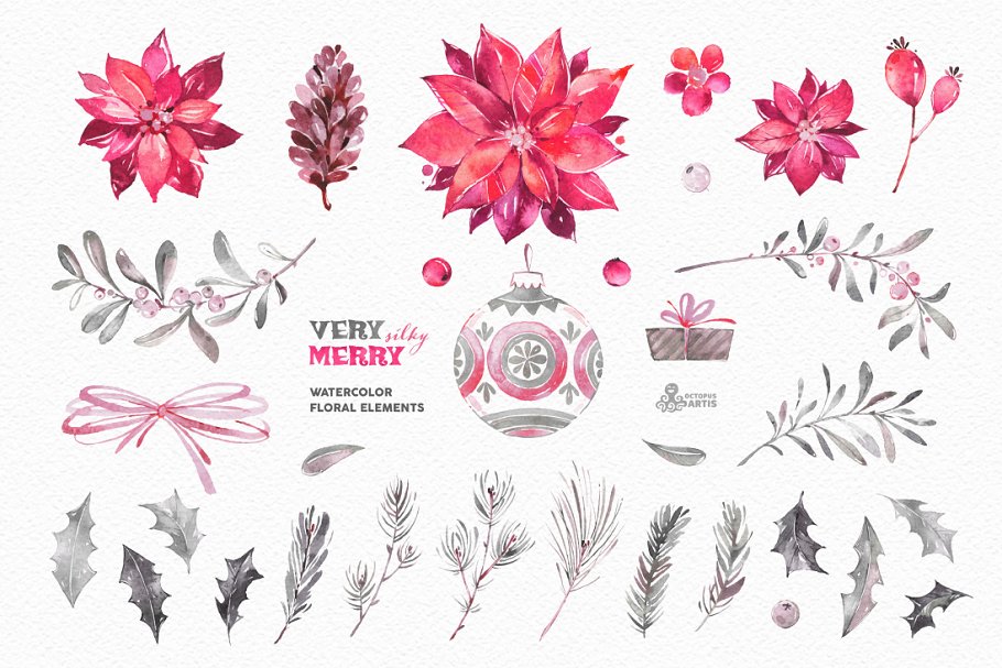 优雅水彩花卉插画 Very Merry Silky. Holiday Collection插图(2)
