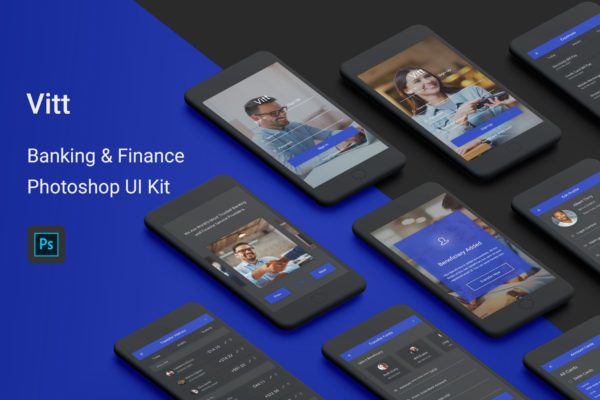 网上银行金融APP应用UI用户交互界面设计PSD模板 Vitt – Banking &amp; Finance Photoshop UI Kit