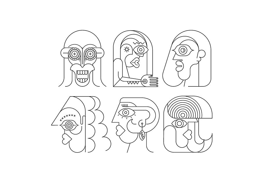 六幅霓虹灯肖像线条艺术矢量插画 Six Portraits Neon and 2 Line Art Options插图(3)
