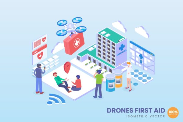 无人机急救主题等距矢量素材库精选概念插画 Isometric Drone First Aid Vector Concept