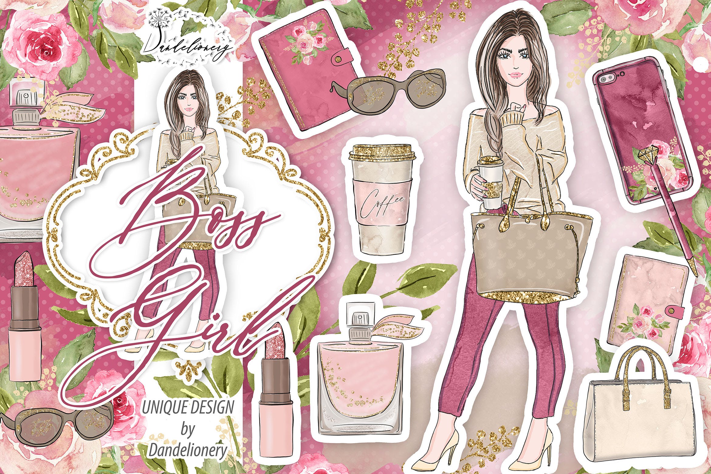 成功女性人物塑造水彩手绘剪贴画PNG素材 Boss Girl design插图