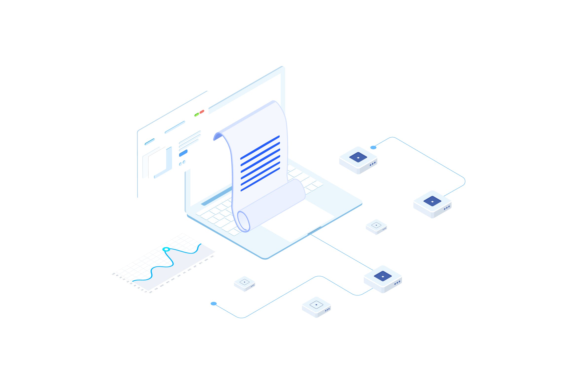 区块链金融数据统计报告等距概念插画v3 Financial Report on Blockchain Isometric 3 – FV插图