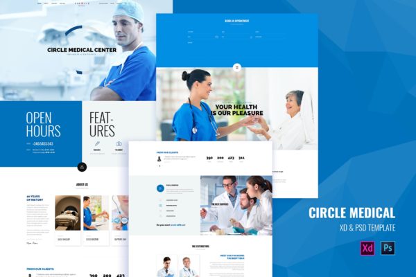 医疗机构/私人诊所/医院网站设计模板[PS&amp;XD] Circle Medical – Medical landing page template