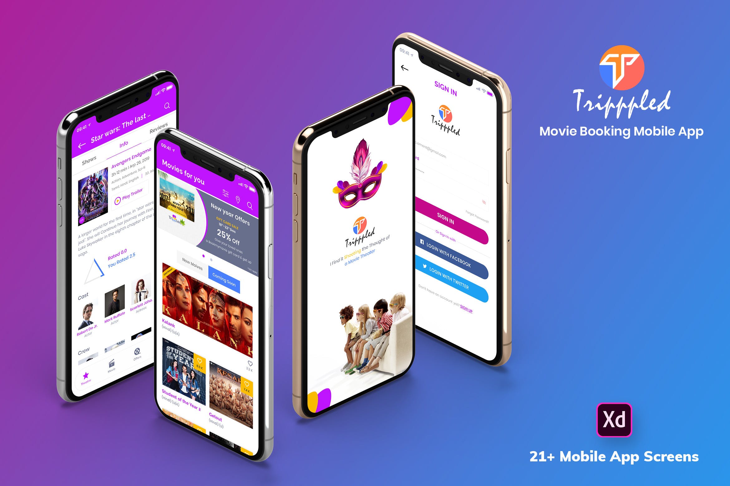 电影预订在线选座APP应用UI界面设计XD模板 Tripppled-Movie Booking Mobile App UI Kit (XD)插图