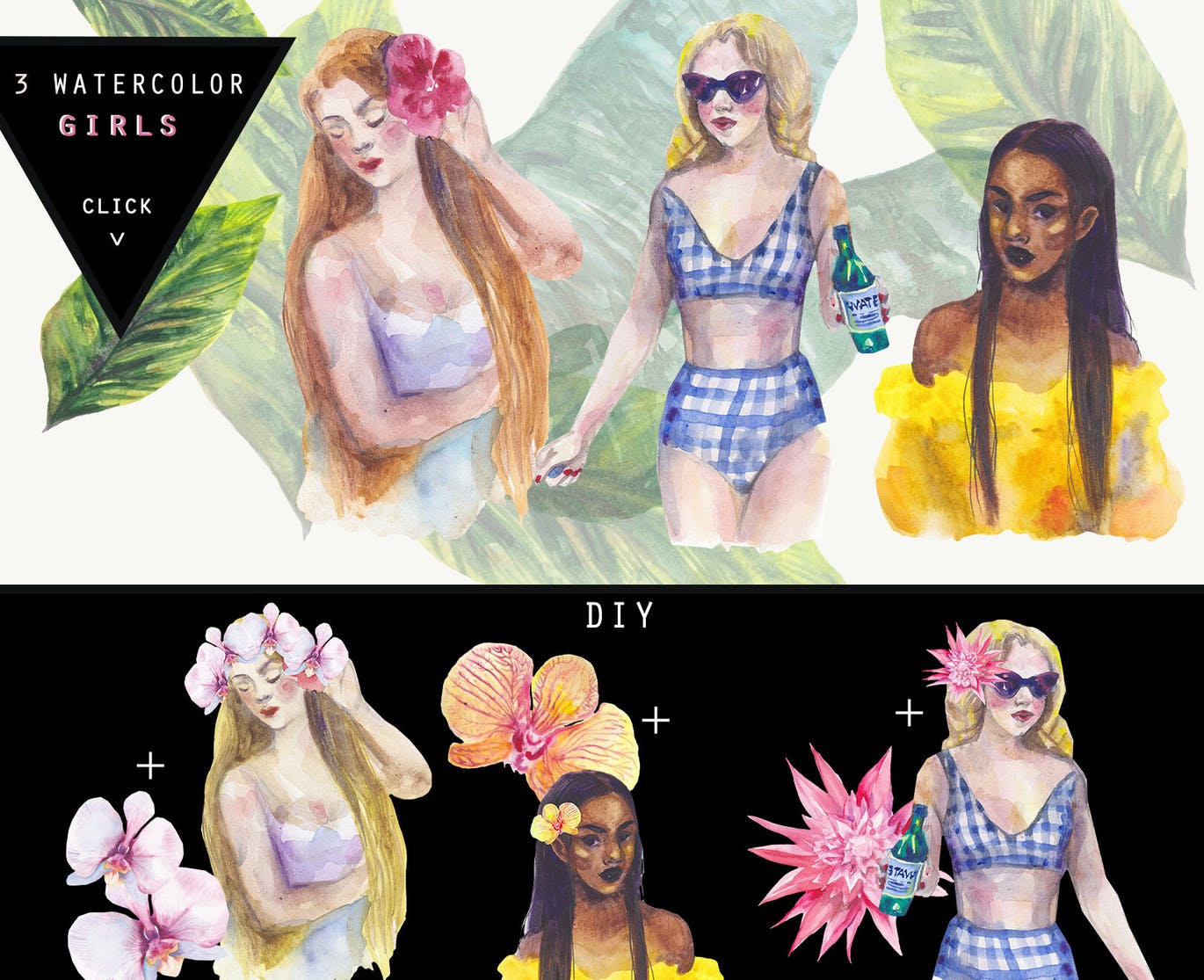 热带夏季主题水彩手绘图案套装 Tropical summer watercolor set插图(2)