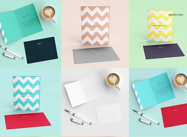 4种不同规格贺卡样机模板 Greeting Cards 4 Sizes Mockup Set