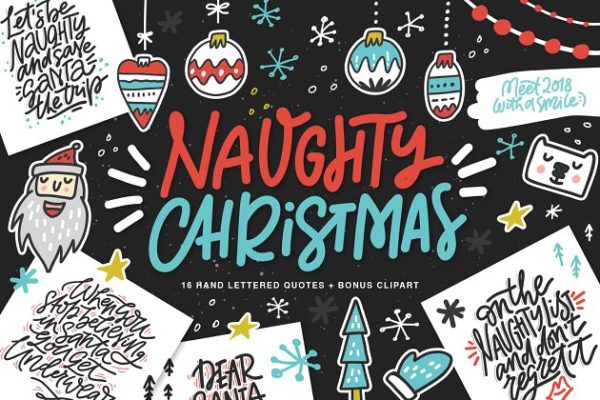 可爱圣诞祝福语&amp;剪贴画素材 Fun Christmas Lettering &amp; Clipart