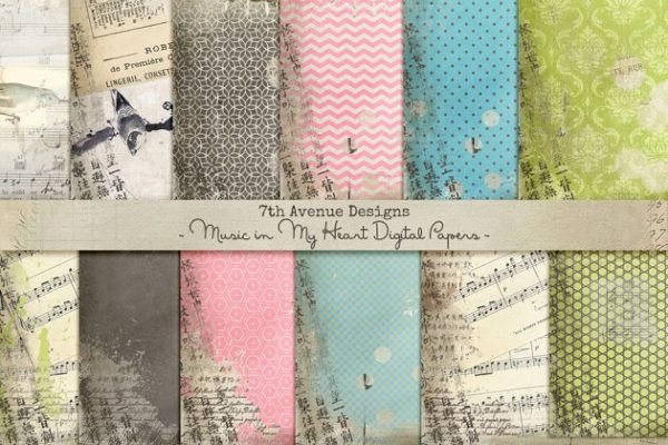 复古做旧音乐乐谱数码纸张纹理 Music in My Heart Digital Papers