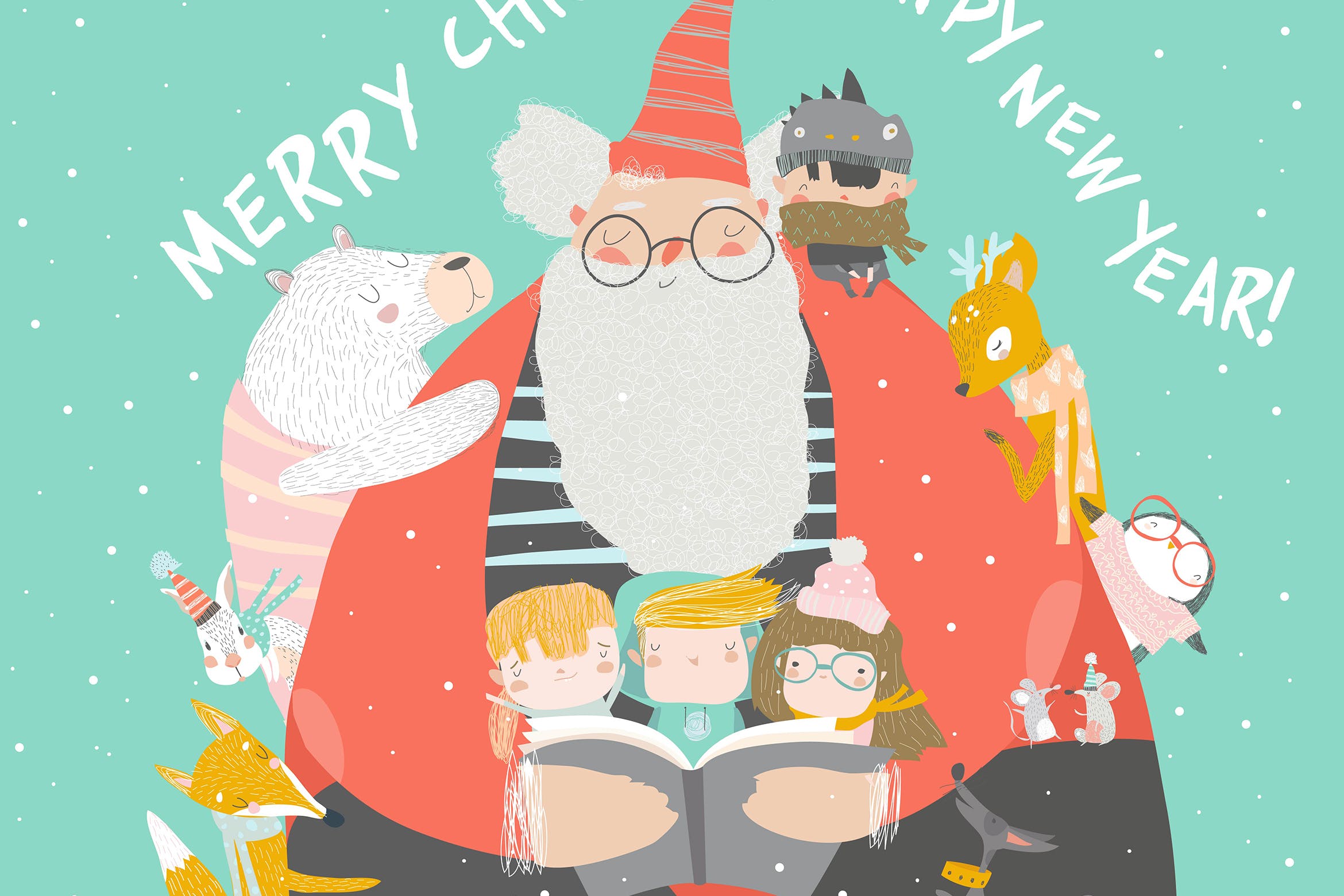 圣诞老人与小孩阅读常见矢量手绘插画 Santa Claus reading books with happy kids and anim插图