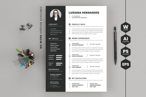 黑白配色风格毕业生应聘简历模板 CV Resume