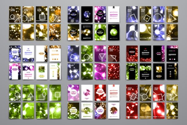 一组炫目霓虹灯图形小册子模板 Big Set of Neon Structure Brochures