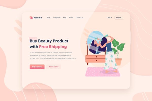 美容产品营销网站矢量插画设计素材 Beauty Product Illustration – Website Header
