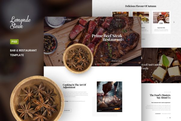 酒吧&amp;西餐馆网站设计PSD模板 Lemonde Steak – Bar &amp; Restaurant PSD Template