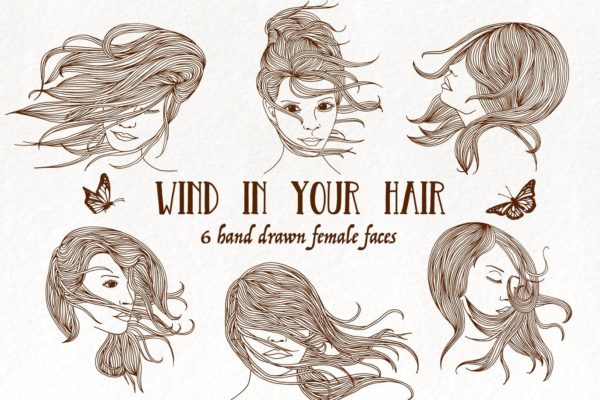 6个长发飘飘女子脸蛋头像矢量手绘图案素材 Wind in Your Hair – Hand drawn Girls’ Faces