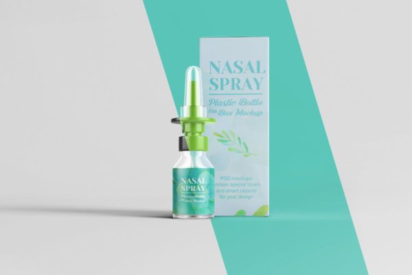 滴鼻瓶外观及包装设计样机模板 Nasal Spray Clear Bottle With Box Mockup