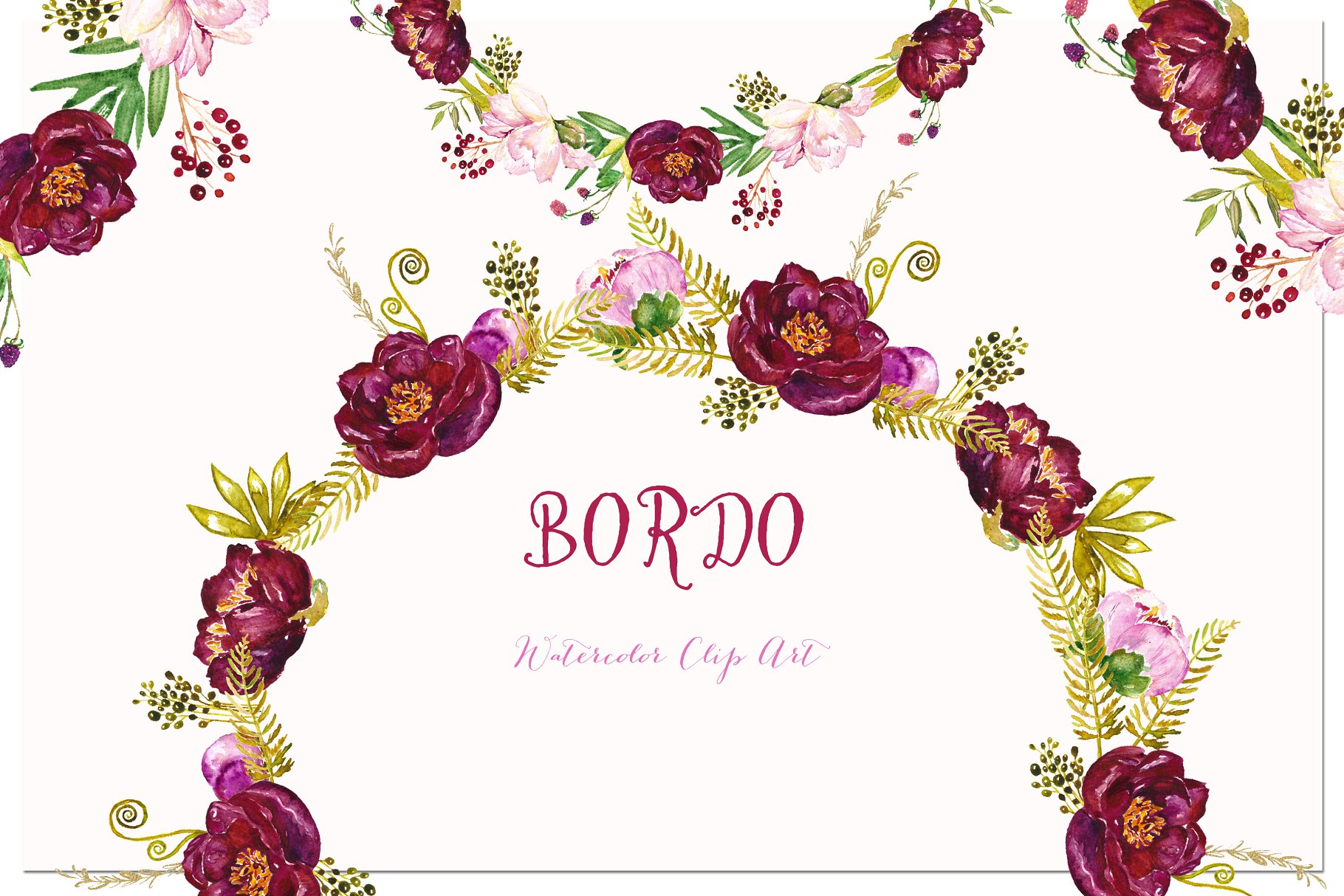 水彩牡丹花卉剪纸艺术数字剪贴画 Peony Bordo. Watercolor Clipart.插图(2)