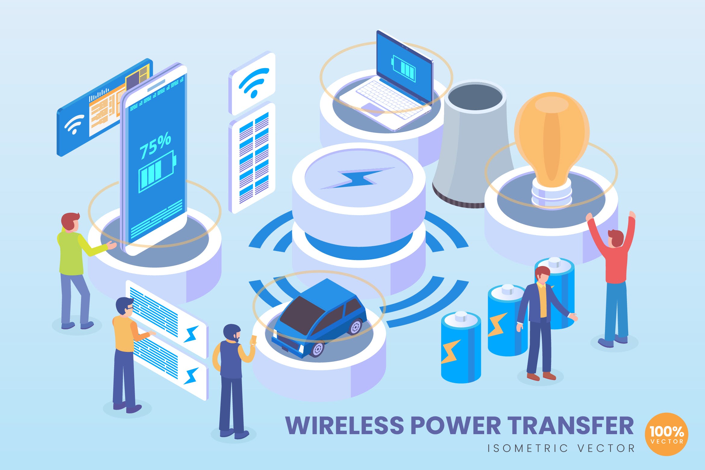 无线充电技术等距矢量科技素材库精选概念插画 Isometric Wireless Power Transfer Vector Concept插图