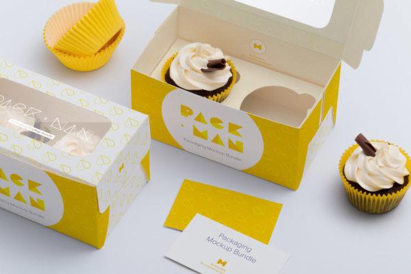 两只装纸杯蛋糕糕点包装外观设计样机模板03 Two Cupcake Box Mockup 03