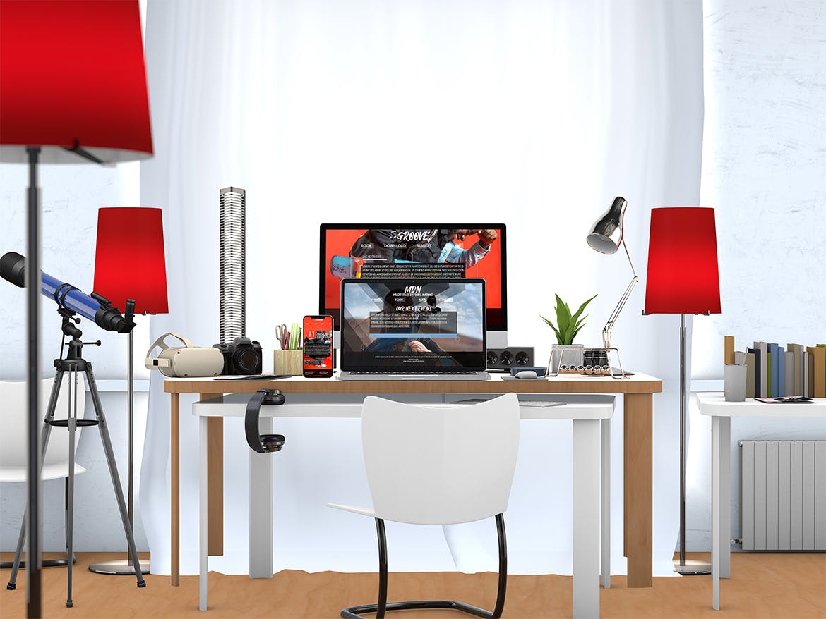 创意办公桌面响应式设计效果图预览素材库精选样机 Responsive Website PSD Mock-up Desk插图(1)