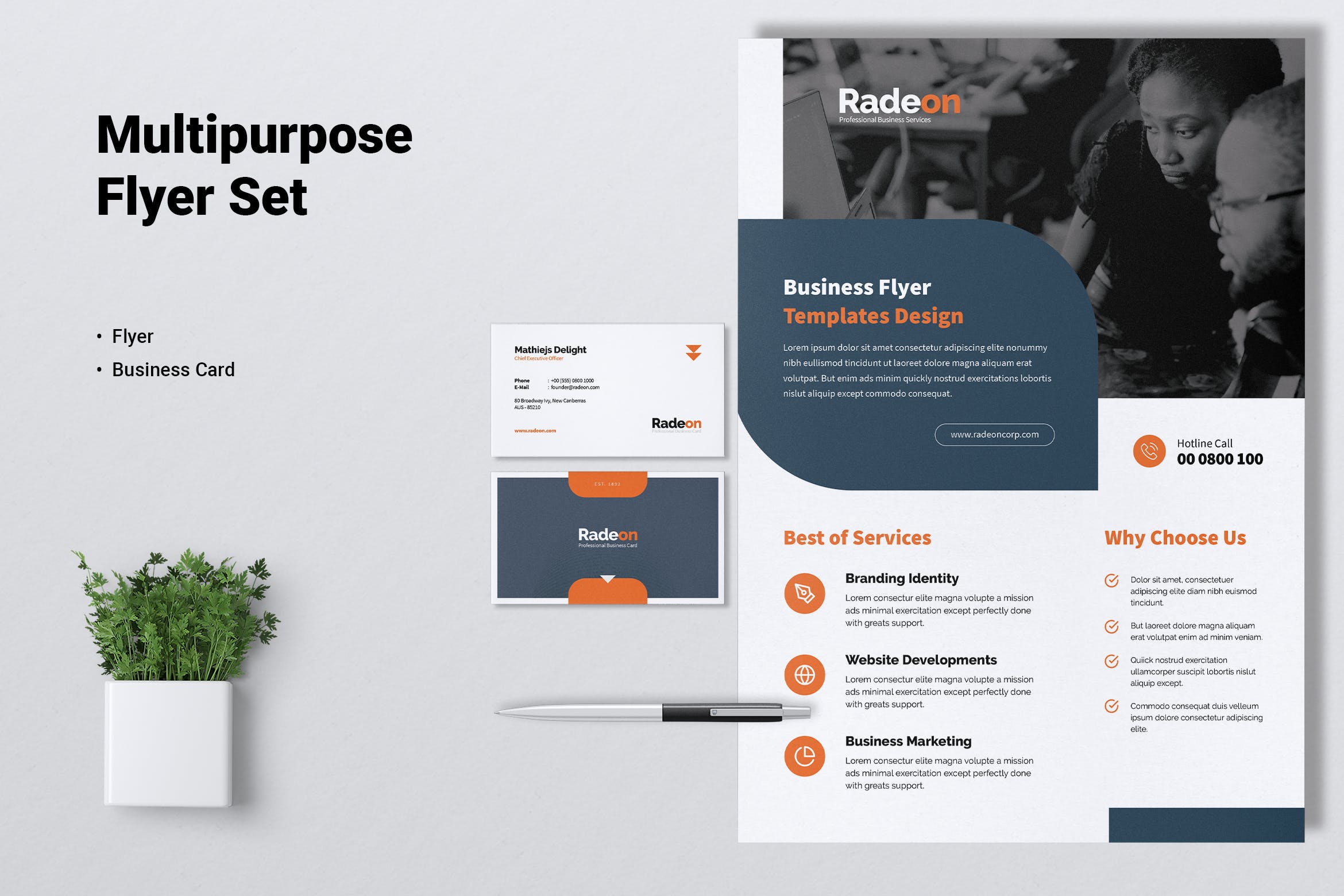 创意代理公司宣传单和名片设计模板 RADEON Creative Agency Flyer & Business Card插图