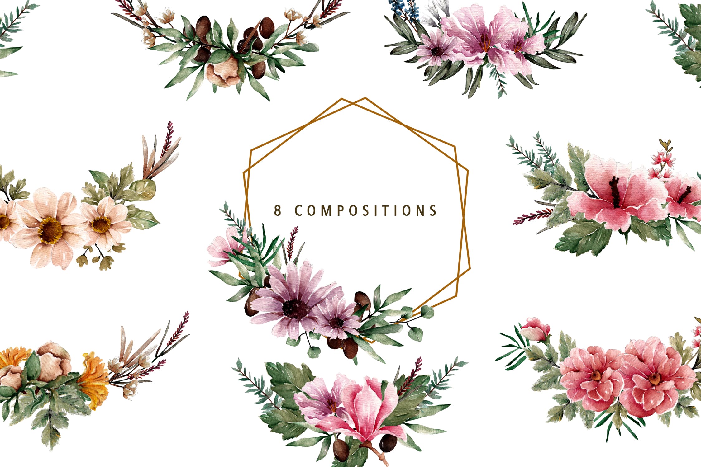 植物花卉水彩手绘图案纹样背景设计套装 Floral Botanical Watercolor Set插图(4)