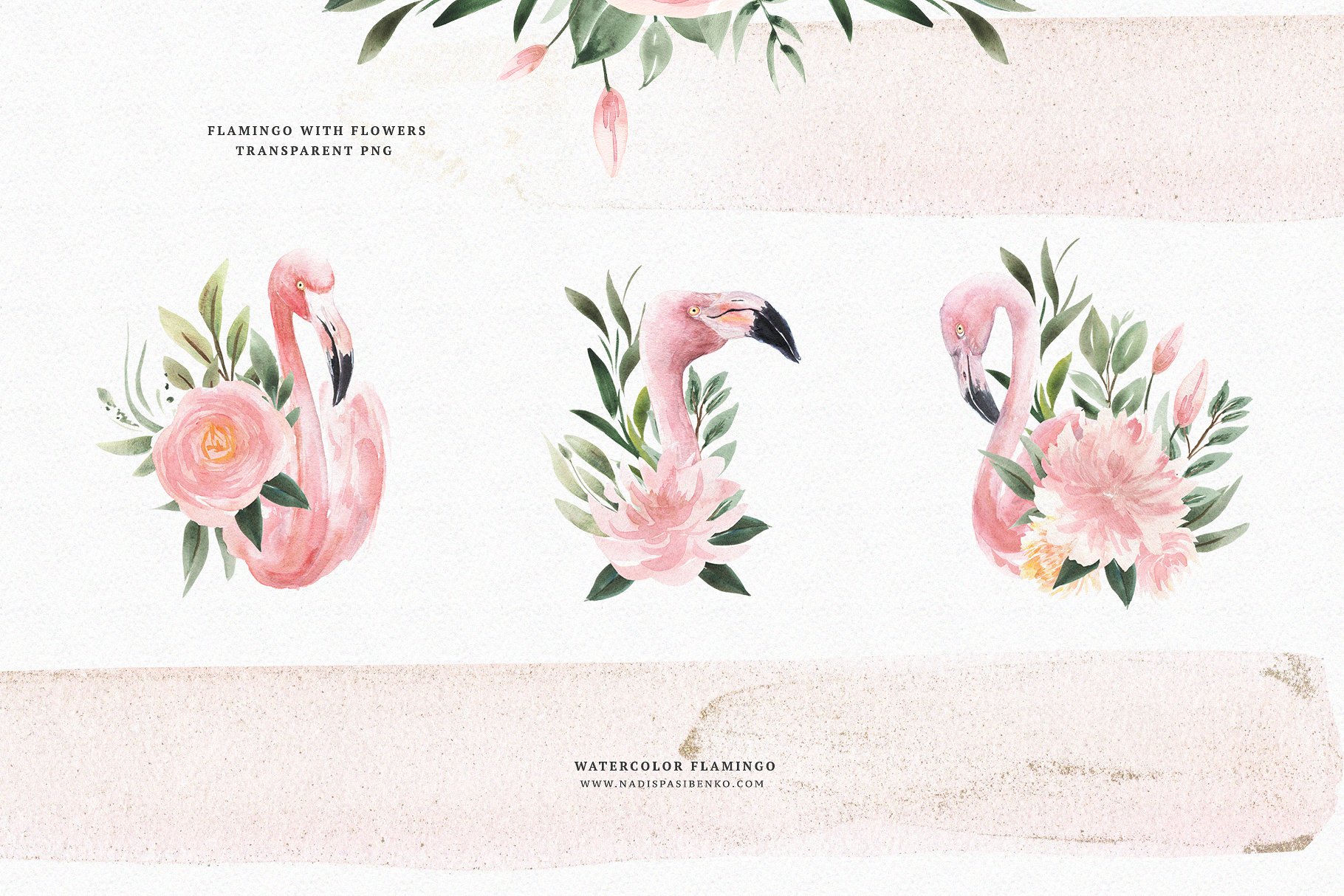 火烈鸟与鲜花矢量水彩插画 Watercolor Flamingo & Flowers插图(2)