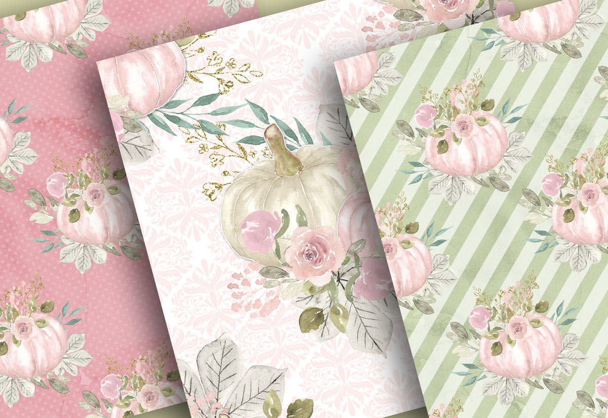 花卉&南瓜水彩手绘图案纸张设计素材 Floral pumpkin digital paper pack插图(1)