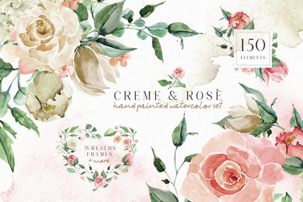 胭脂红玫瑰水彩剪贴画 Creme &amp; Rose Watercolor Set