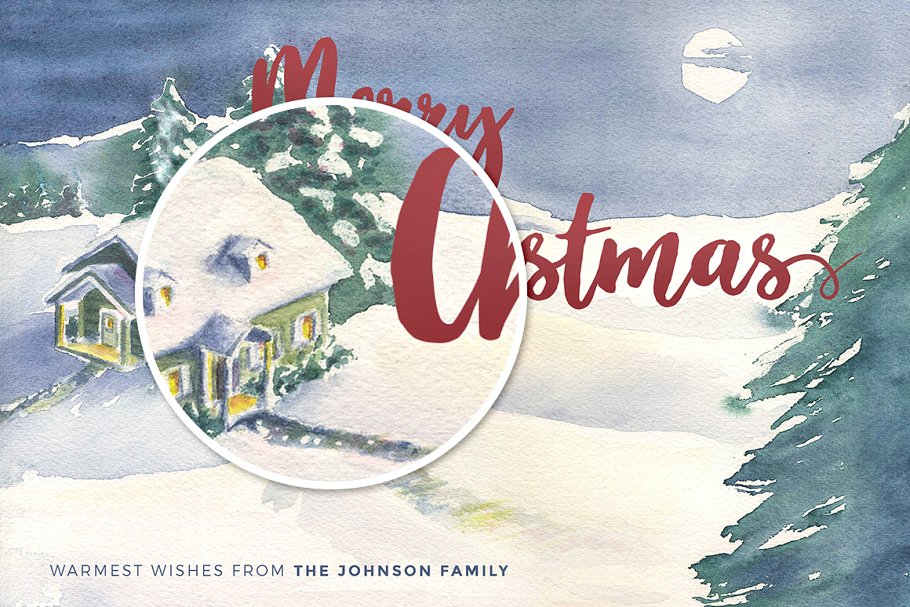 手绘水彩圣诞卡片模板4 Watercolor Christmas Card Template 4插图(2)