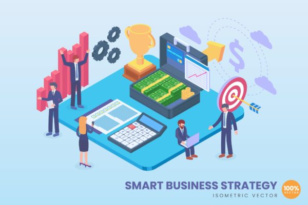 智能商业战略主题等距素材库精选概念插画 Isometric Smart Business Strategy Vector Concept