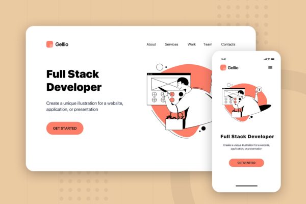 全栈工程师主题网站Banner&amp;着陆页设计矢量插画 Full Stack Developer – Banner &amp; Landing Page
