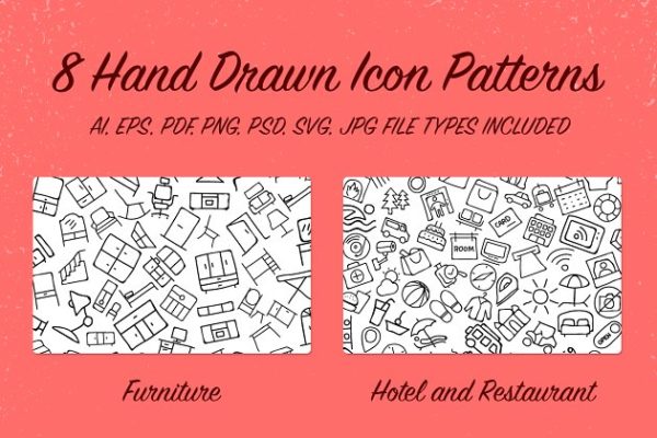 8款手绘图标图案背景素材v2 8 Hand Drawn Icon Patterns – Vol 2