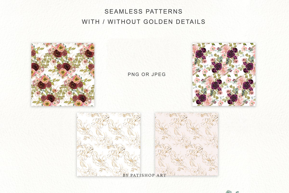 金色&勃艮第深红花卉水彩插画合集插图(3)