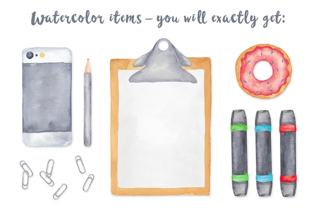 手绘水彩办公用具剪贴画&场景模板 Watercolor Scene Creator插图(5)