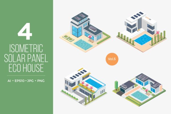 太阳能电池发电房屋等距矢量图形v5 Isometric Solar Panel Eco House Vector Set 5