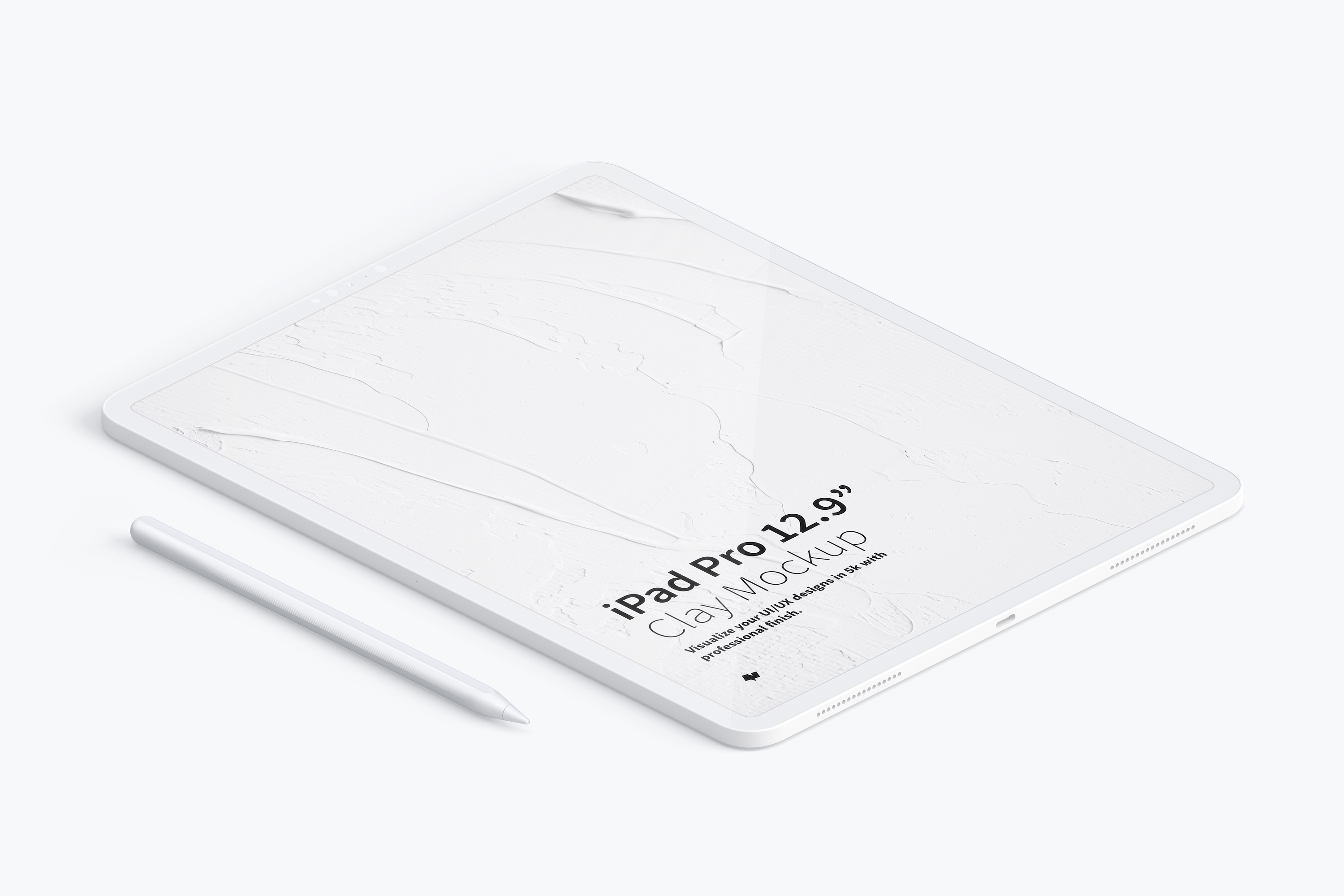 iPad Pro陶瓷黏土材质平板电脑UI界面设计等距左视图样机 Clay iPad Pro 12.9” Mockup, Isometric Left View插图