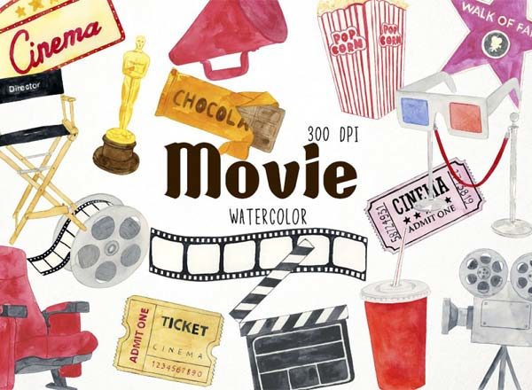 7种手绘水彩电影元素剪贴画