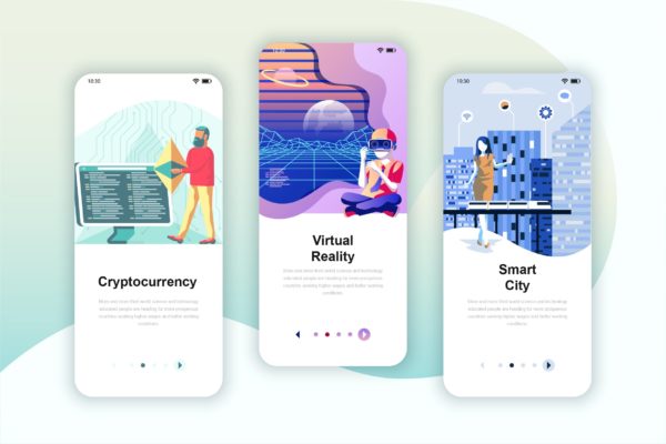 加密货币/智能城市/虚拟现实主题素材库精选概念插画APP启动页设计模板 Instagram Stories Onboarding Screens Mobile App