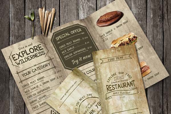 老式复古的三折页食物菜单模板下载 Vintage Old A4 Trifold Menu [psd]