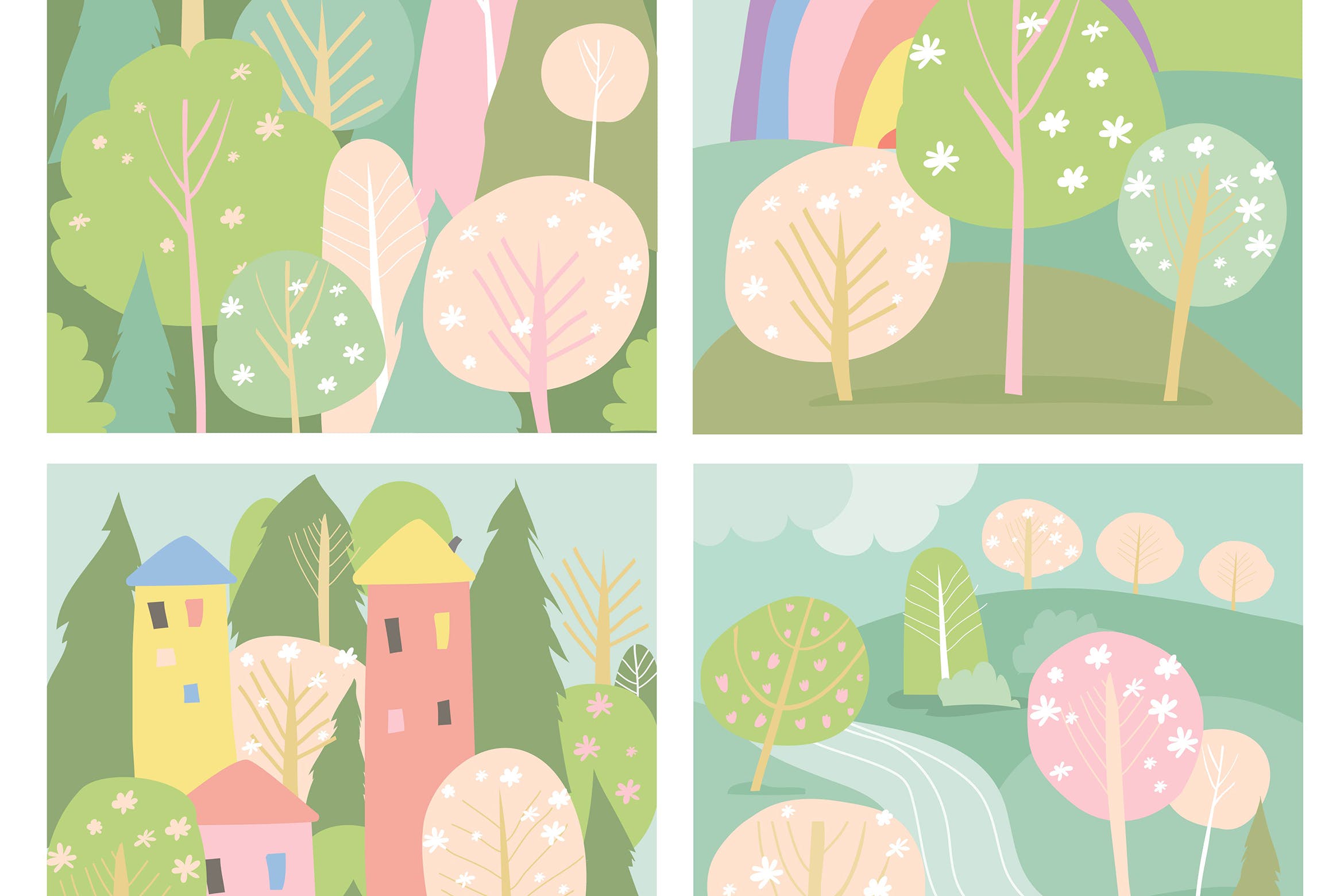 扁平设计风格春季景观矢量插画素材库精选素材 Set of spring lanscape in flat style. Vector illus插图